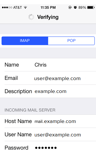 Then Enter IMAP (recommended) or POP and Server Information